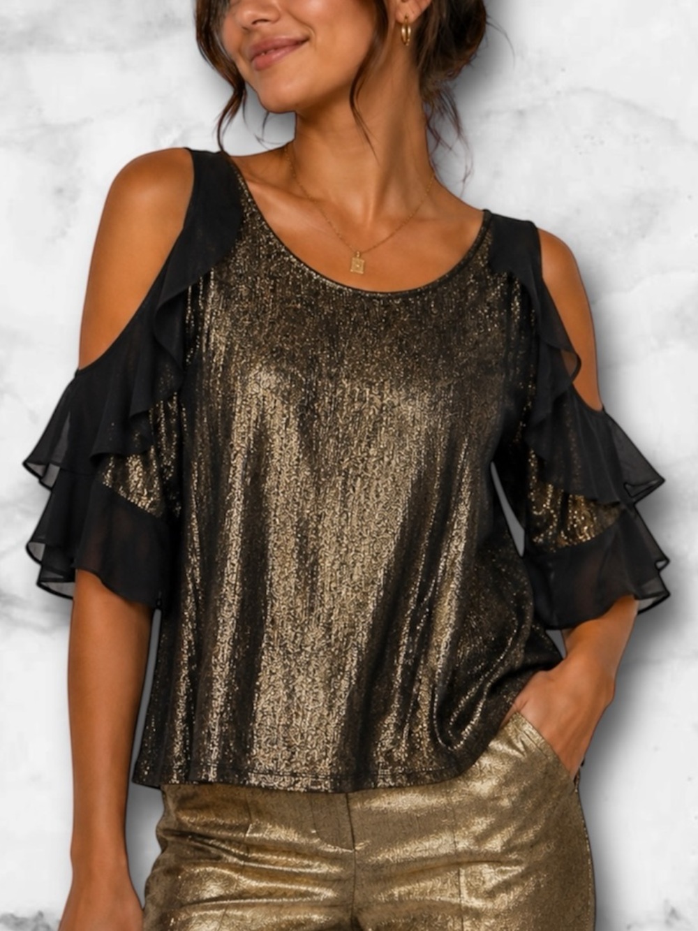BOLD Elements Cut to Curve Gold Shimmer Cold Shoulder Ruffle Sleeve Top Size S